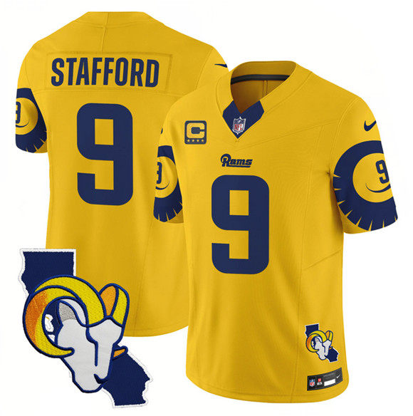 Men's Gold Los Angeles Rams #9 Matthew Stafford 2025 4-Star C Patch F.U.S.E. V2 Limited Stitched Football Jersey